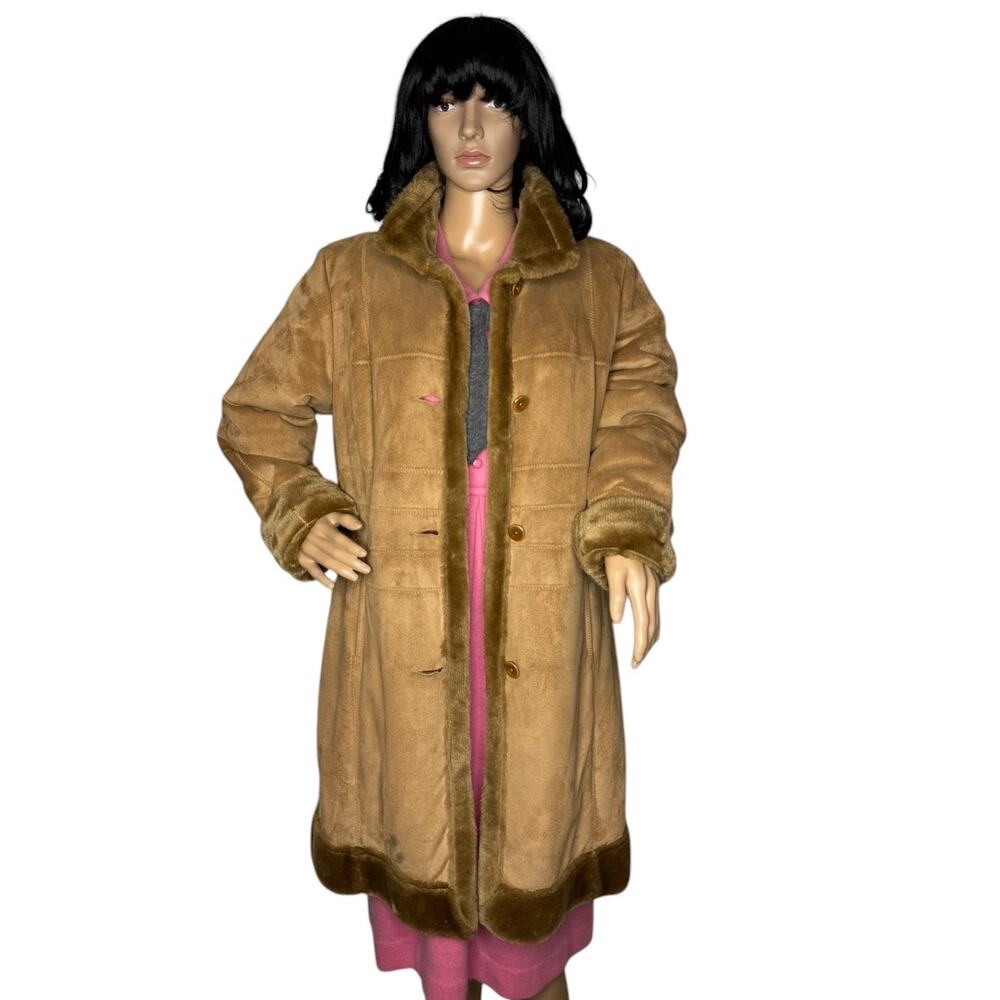 Vintage 1990s Alfani Penny Lane Faux Fur Coat Camel Brown Medium